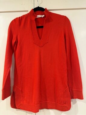 Tory Burch Red Knit V-Notch Tunic Sweater